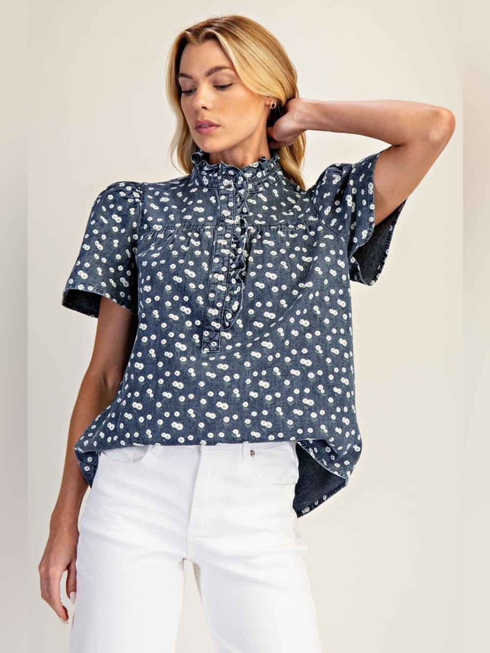 Easel Daisy Floral Denim Blouse Cotton Printed Puff Sleeve Ruffle Collar Size M